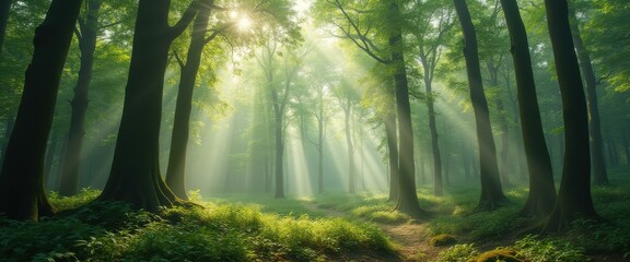 Poster - Enchanting Forest Path Bathed in Golden Sunlight with Lush Green Trees and Mist Creating a Mystical Atmosphere