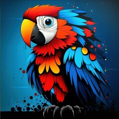 Poster - Colorful Parrot Portrait with Abstract Feather Design and Vibrant Color Splatters on a Textured Background