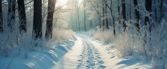 Poster - Winter Forest Road with Snow Covered Trees and Tire Tracks on Snowy Path