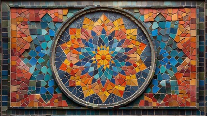 Poster - Mosaic artwork featuring intricate patterns in vibrant colors against an abstract background