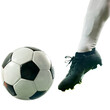 © Lustre Art Group  - Low-angle, close-up shot of football player about to kick ball against transparent background, capturing intensity of game. Concept of competition, sport games, movement, energy. Ad.