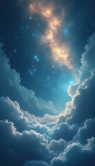 Poster - Ethereal dreamscape: celestial sky with radiant stars, golden nebula, and fluffy clouds creating a fantasy scene