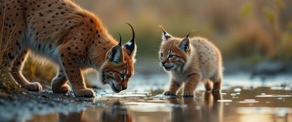 Poster - Lynx Family: Mother and Cub Drinking from a Reflective Stream in a Natural Setting