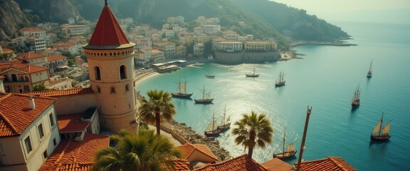 Poster - Scenic Vista of Mediterranean Village Harbor with Boats, Tower, and Palm Trees - Bright, Colorful, and Evocative