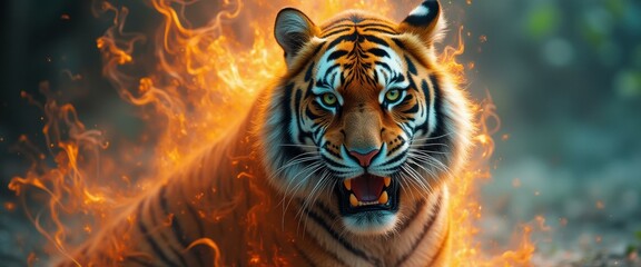 Poster - Ferocious Tiger Roaring Amidst Fiery Flames, Showcasing a Striking Combination of Power and Nature's Raw Energy