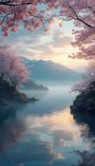Poster - Serene lake landscape with misty mountains, cherry blossoms, and tranquil water reflecting soft sunset light.