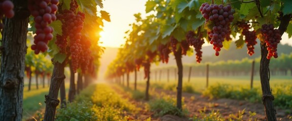 Poster - Vineyard landscape with rows of grapevines and ripe bunches in warm sunset light