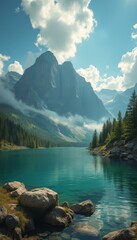 Poster - Mountain lake landscape with crystal clear water reflecting dramatic peaks and forests under a bright blue sky with fluffy clouds