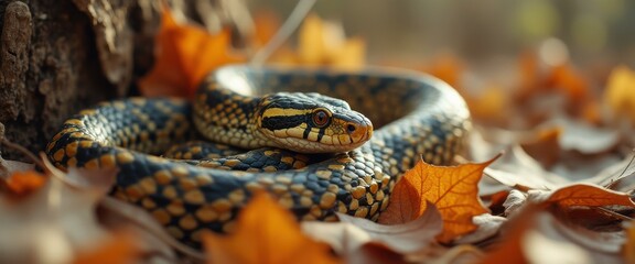 Poster - Coiled snake with striking pattern rests among autumn leaves in golden sunlight, captivating reptilian portrait