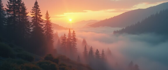 Aufkleber - Mountain landscape with pine trees at misty sunset in orange and blue pastel tones