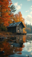 Poster - Lakeside Cabin Retreat with Autumnal Foliage and Reflections in Tranquil Waters