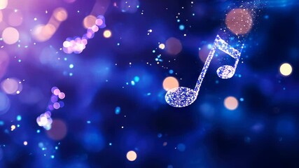 Poster - Golden music 3d abstract notes atmosphere on a blue glittering neon background creating a vibrant and festive melody magic flowing video 4k