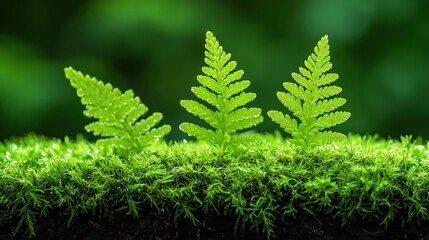 Wall Mural - Ferns sprout from lush moss in the forest, glowing green