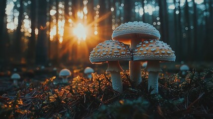 Wall Mural - Forest mushrooms at sunset