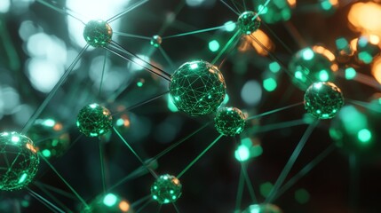  - Molecular structure model featuring green translucent spheres connected by glowing lines on a soft blurred background for scientific and technological visualizations