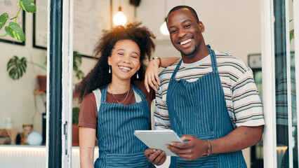 Poster - Restaurant, entrance and portrait of team with tablet, smile and welcome with small business people. Partnership, confidence and cafe staff at door on digital app for online booking, orders or review
