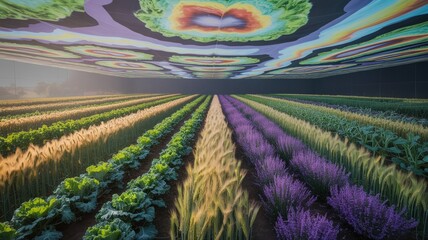 Poster - colorful visualization of gut microbiome data projected on a large screen above a vast agricultural 