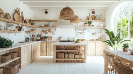 Poster - A bright, Scandinavian-inspired kitchen with light wood accents, white walls, and minimalist offering a clean and calming cooking environment