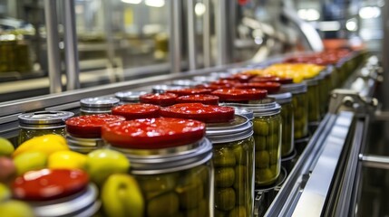 Poster - a canning food factory operates with advanced machinery to seal food in airtight containers, preserv