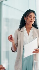 Poster - Presentation, document and businesswoman in office with meeting for company budget planning. Speaker, discussion and female finance manager with profit report for investment forecasting in workplace.