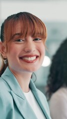 Poster - Professional, woman and face with laughing in office for career confidence, business growth and about us. Financial advisor, employee and happy at corporate agency for debt management and funny