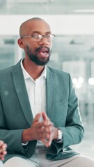 Poster - Man, talking and meeting for business in office, sales proposal and brainstorming for finance. Discussion, planning and worker with investment solution, strategy and explain idea to corporate team