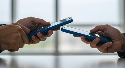 Poster - Close Up of Two Hands Holding Modern Smartphones in Bright Office Environment