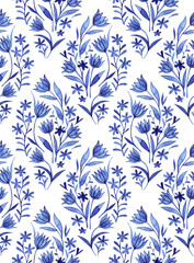 watercolor seamless pattern with 
rhombus, blue flowers. tile