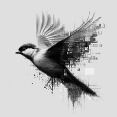 Poster - Digital Flight: A Bird in Pixels, Abstract Avian Artwork with a Modern Twist and Black and White Pixelated Transformation.