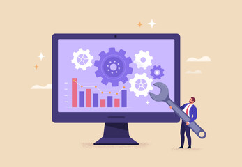 Aufkleber - Business Improvement concept. Contemporary flat-style abstract vector illustration of man in business suit with wrench troubleshooting work of scheduler on monitor screen, isolated on a background.