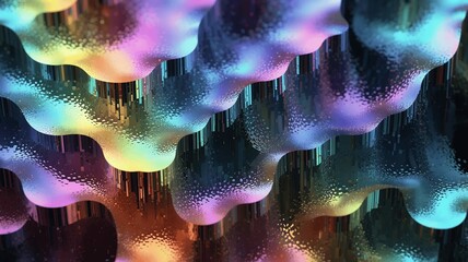 Poster - Abstract iridescent wavy forms cascade over geometric pixelated structures and refracted light.