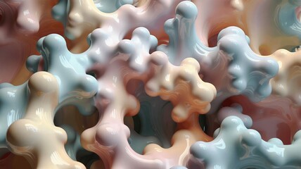 Poster - Abstract network of glossy, blob-like shapes intermingle with light blue, pink and peach colors