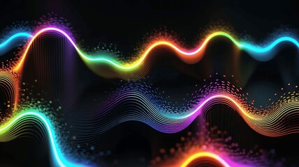 Poster - Abstract glowing waves with vibrant neon colors against a dark background creating depth.