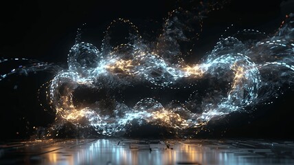 Poster - Glowing strands of intertwined light dance elegantly against a dark reflective surface background.