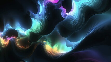 Poster - Abstract flowing light forms in shades of blue, teal, pink, and yellow create a dynamic artwork.
