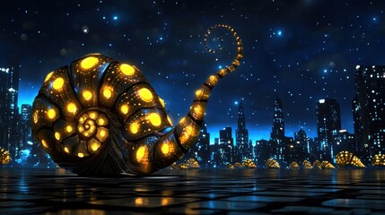 Poster - Glowing Snail in a Pixelated Night Cityscape