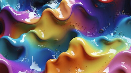 Poster - Abstract colorful glossy paint in flowing waves, creating a bright, modern, and vibrant background.