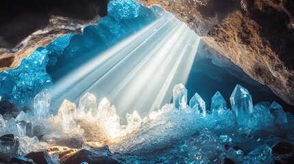 Poster - Cool-toned rays of light shining through an icy cave, illuminating sparkling crystals.