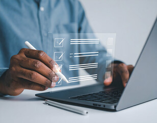 Poster - Person using stylus to check items on a digital checklist displayed on a laptop