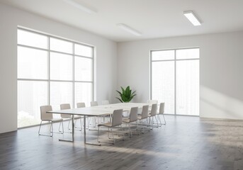 Poster - Bright meeting room features a long table with chairs and large windows