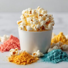 Poster - Popcorn in a white container with vibrant flavored powders: a colorful, tasty snack for any occasion. A delightful, whimsical treat!