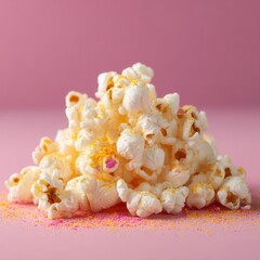 Aufkleber - Close-up of a pile of white popcorn kernels with colorful pink and yellow powder on a bright pink background, studio shot.