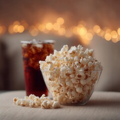 Poster - A bowl of popcorn with a fizzy drink. An image that suggests a cozy night indoors, perhaps watching a movie or TV show.