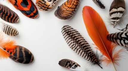 Poster - Patterned feathers in focus against clean white background, showcasing earthy browns and blacks