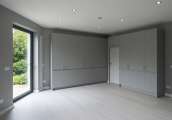 Poster - A modern room features gray cabinets along the wall with a large window showing greenery