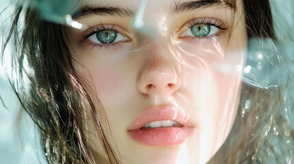Poster - Woman face in soft focus with water reflection overlay, moody artistic style