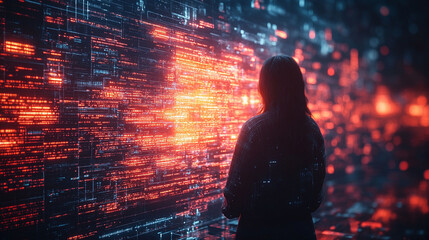 Woman gazing at glowing digital code wall.