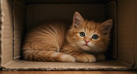 Naklejka na meble Cute Ginger Kitten Sitting in a Cardboard Box