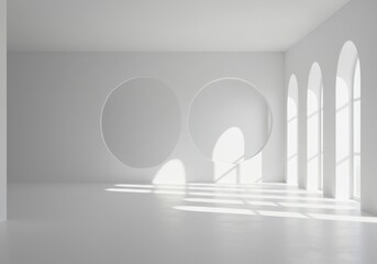 Poster - Minimalist white room with circular openings and arched windows casting shadows on the floor