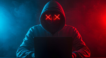 Poster - Hooded Figure Working on Laptop With Red Neon Mask In Dark Room Filled With Red And Blue Lights